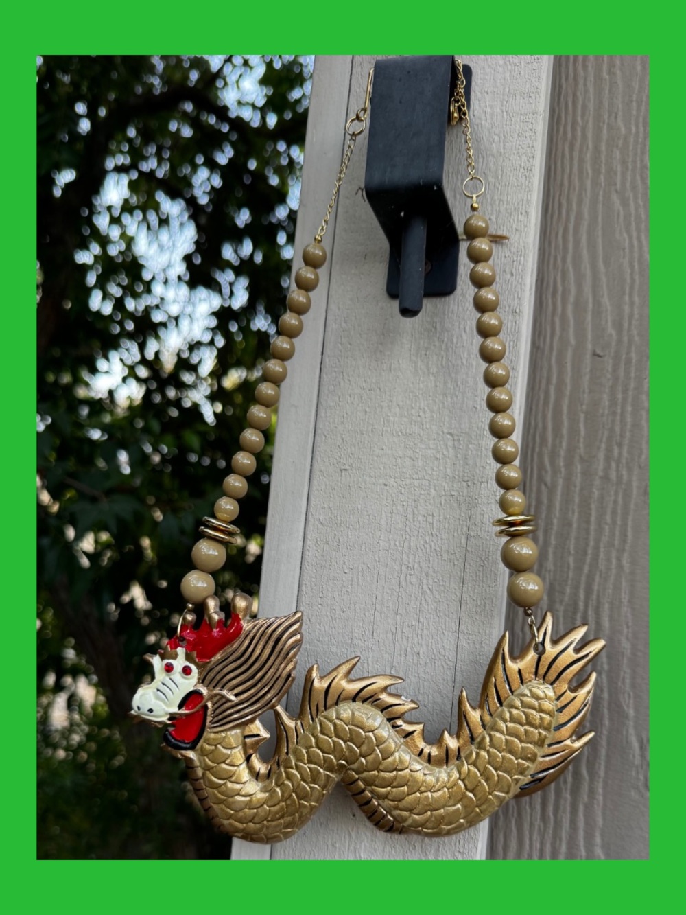 🐉 Bold Gold Tone Dragon Statement Necklace Beaded Red Rhinestone Eyes - Picture 3 of 10